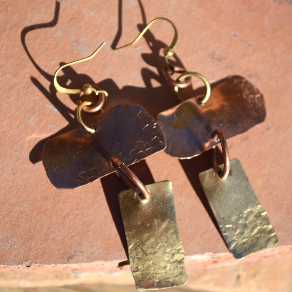 Brutalist Earrings Copper Brass Rustic Statement - Picture 8 of 8